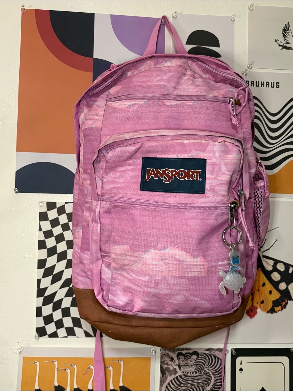 JanSport Pink Cloud Print Backpack w/ Hawaii Turtle Charm
